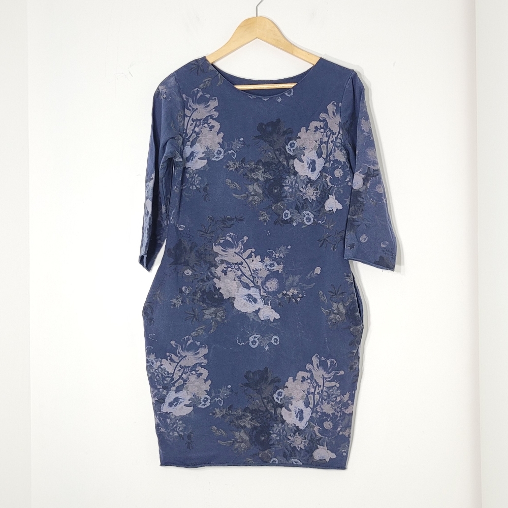 Blue Floral Print Oversized 95% Cotton Loose Fit Cut Off Trim 3/4 Sleeve Dress